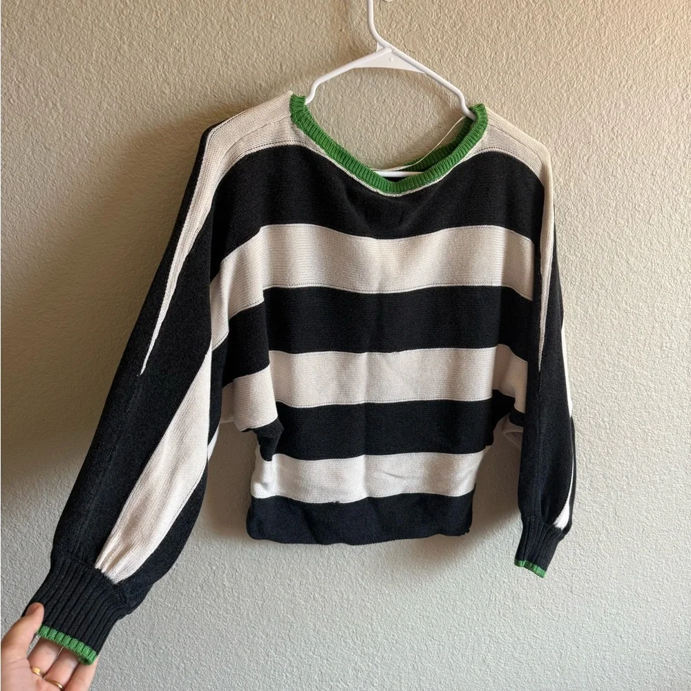 Maeve Anthropologie Slouchy Boatneck Black & White Striped Sweater Green Touch - Picture 4 of 10